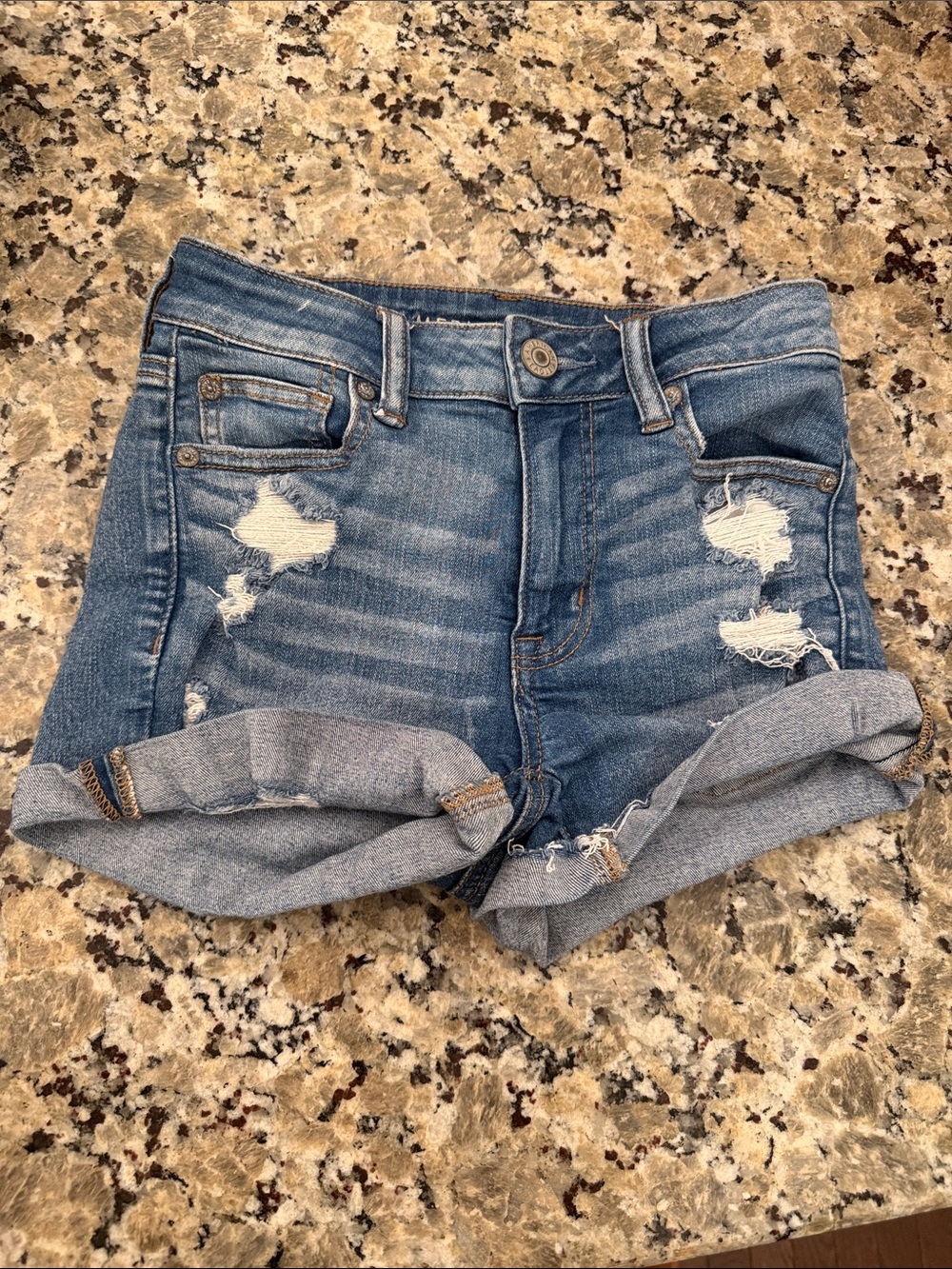 American Eagle Outfitters Light Blue Distressed Rolled-Hem Jean Shorts